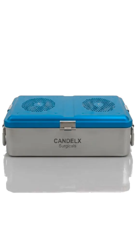 CandelX sterilization container with a teal perforated lid